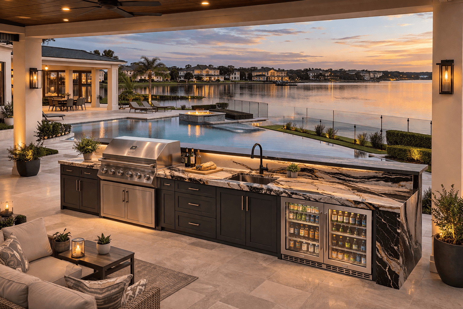 Custom outdoor kitchen space with stone countertops