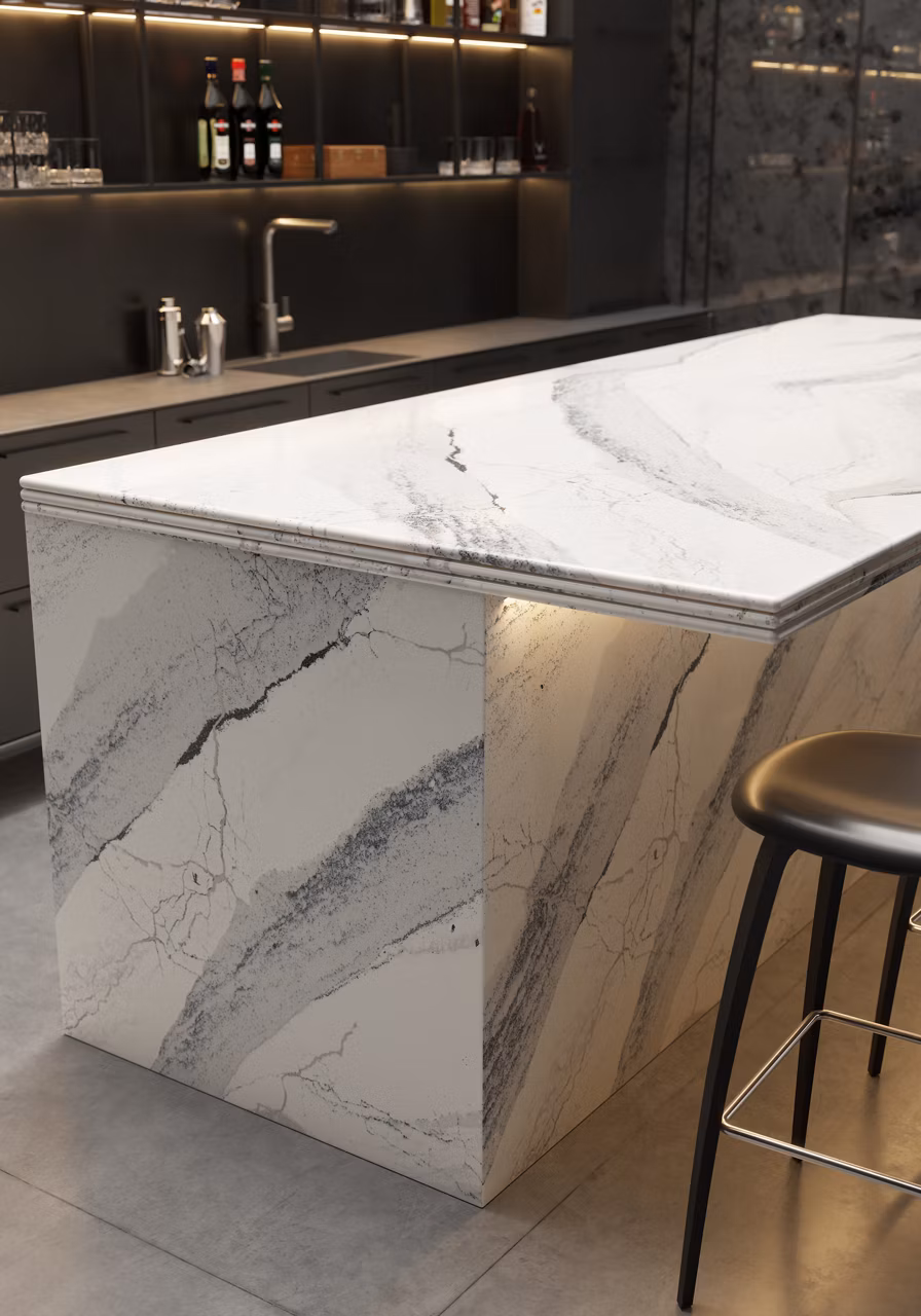 Kitchen countertop installation detail with custom stone edge